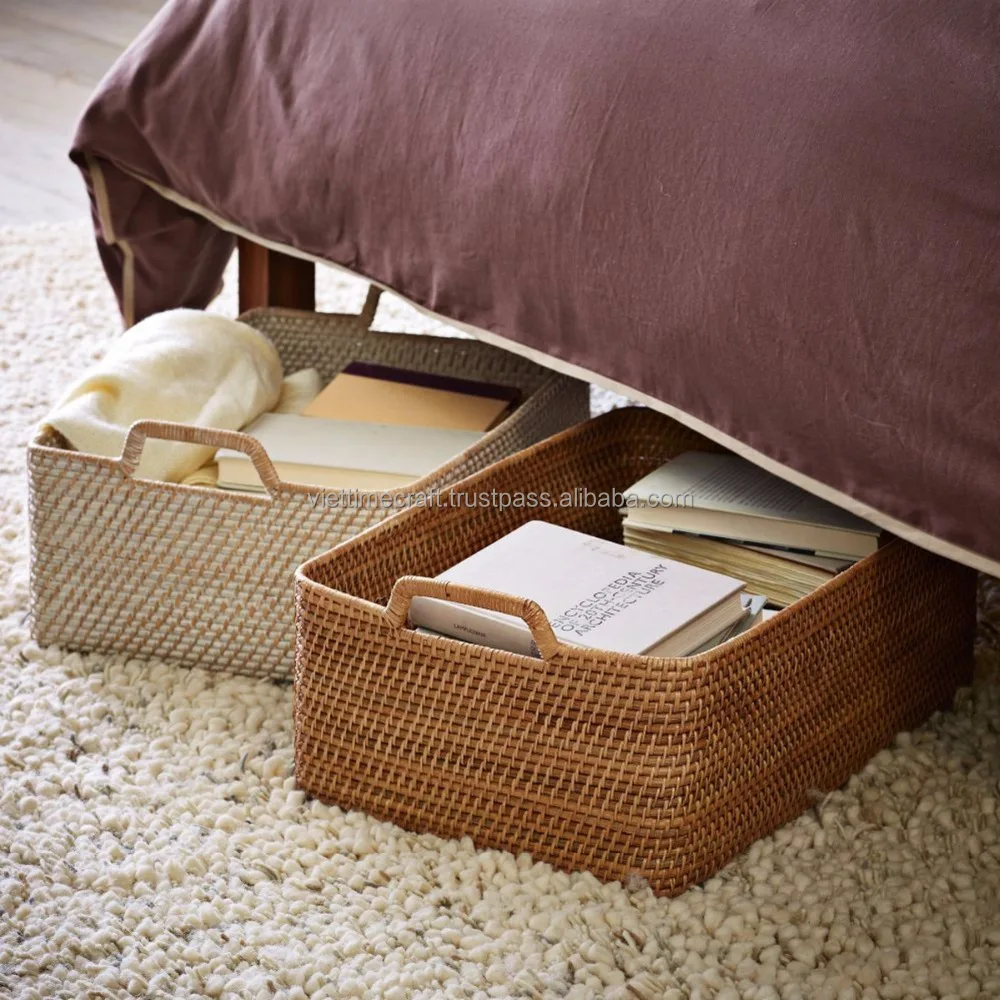 Under bed wicker rattan basket rectangular shape/ home storage wholesale