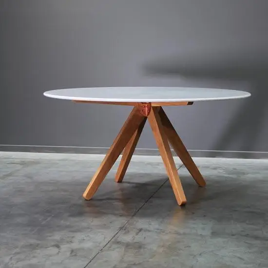 Round Marble Dining Table with Acacia Wooden Leg
