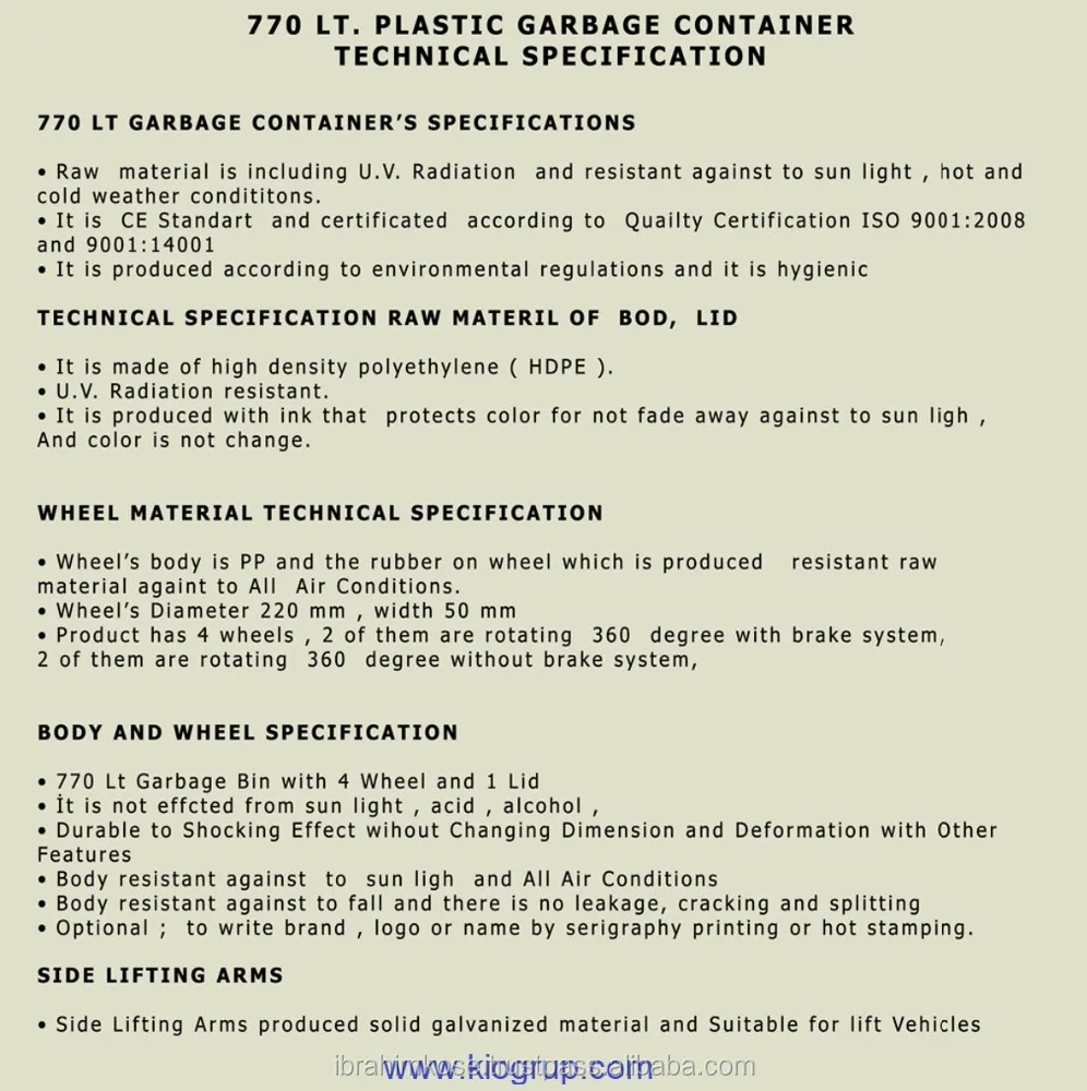  1100 lt / 770 пластиковая мусорная корзина