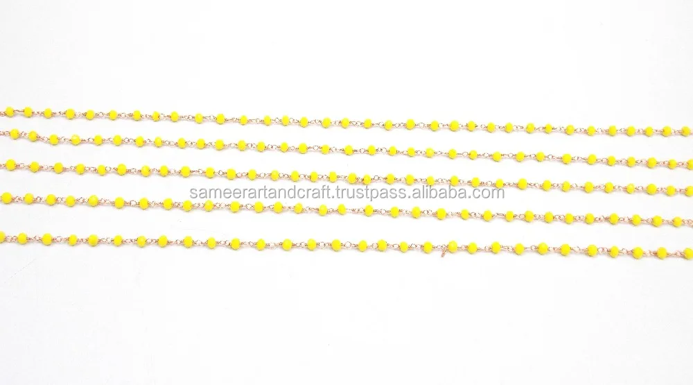 Yellow chalcedony wire wrapped silver plated bead rosary Gold Plated Cain Handmade CZ Coin Charm  Chain