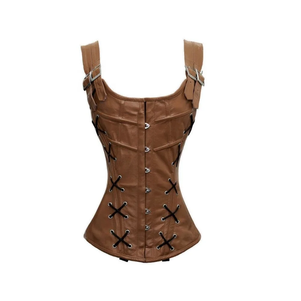 COSH CORSET Overbust Steelboned Brown Leather Corset With Shoulder Straps Heavy Duty Gothic And Steampunk Leather Corset Top