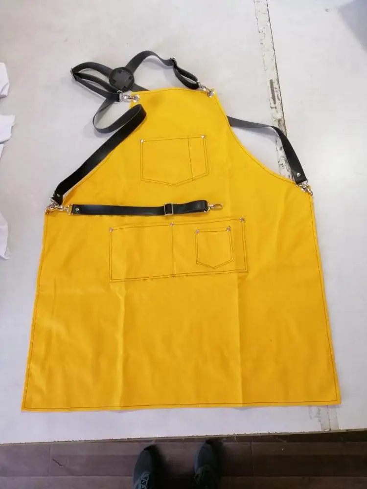 Double Sides Multicolored Cotton Bib Apron With Leather X Strap & Pockets Barber Salon Aprons