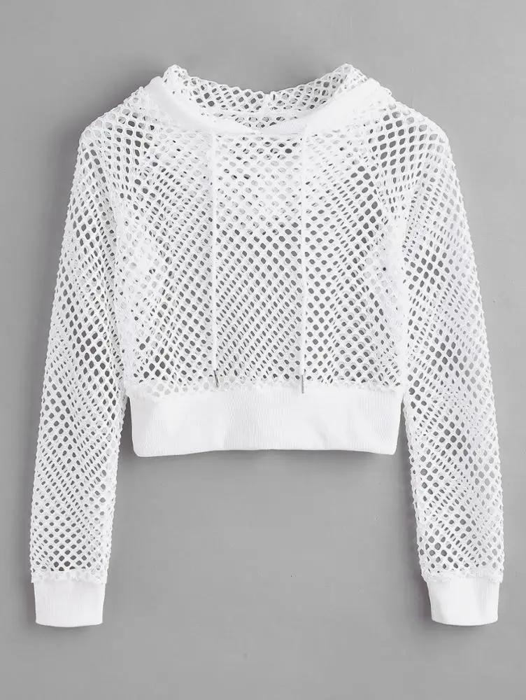MGOO Custom Sexy Performance Plain White Mesh Crop Pullover Fishnet Hoodie