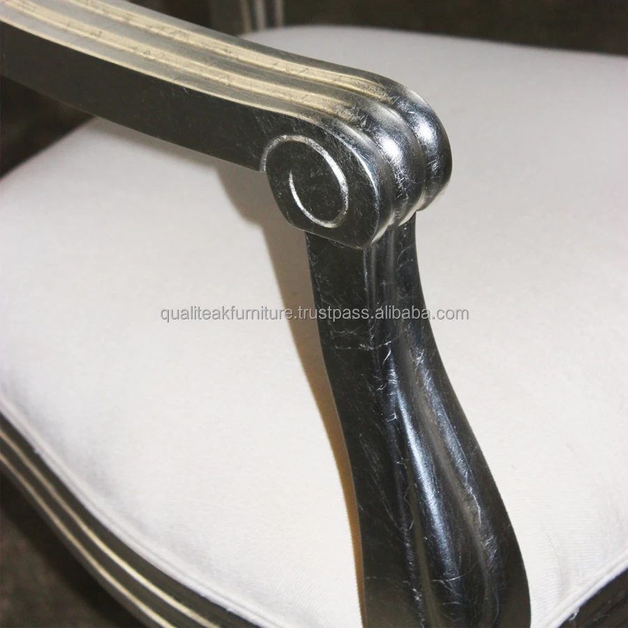 Antique reproduction french dining chair with linen upholstery silver leaf finish