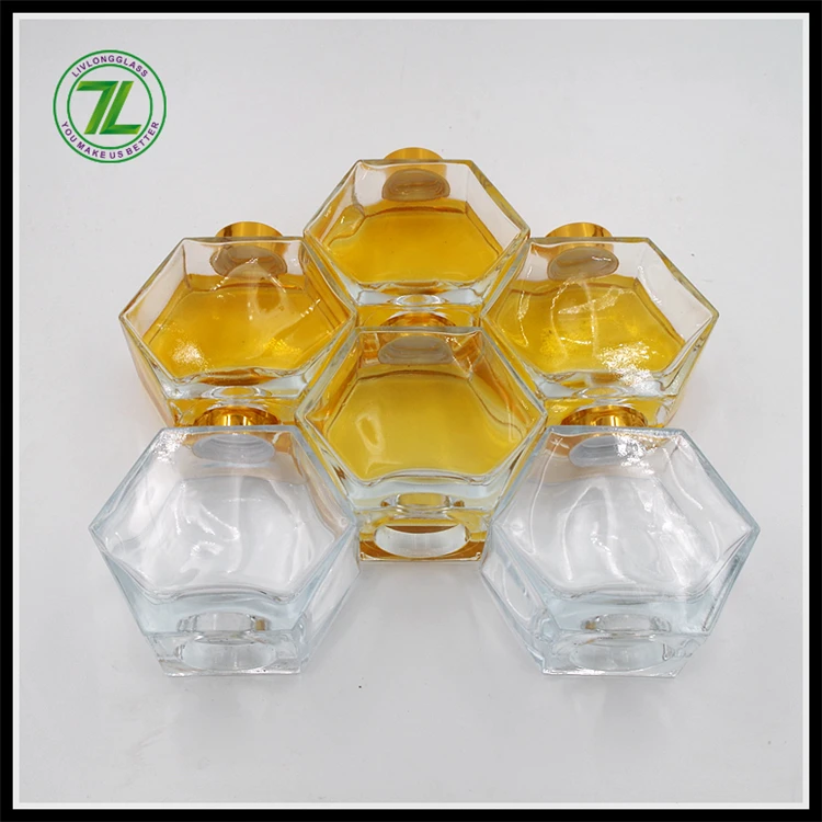 wholesale cheap 250ml honeycomb frosco vidrio hexagon polygon glass bottle honey bee glass jar with gold screw lid 8oz