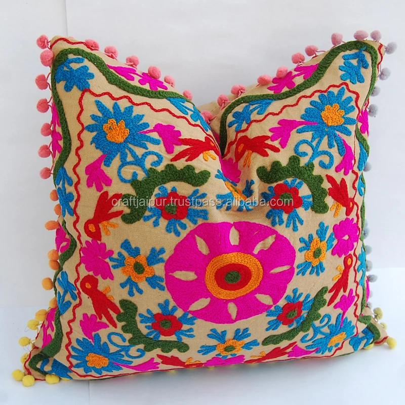 Home Textile Suzani Woolen Embroidery Cotton Square Cushion Cover Indian Handmade Light Brown Zipper Pillow Case Wholesale