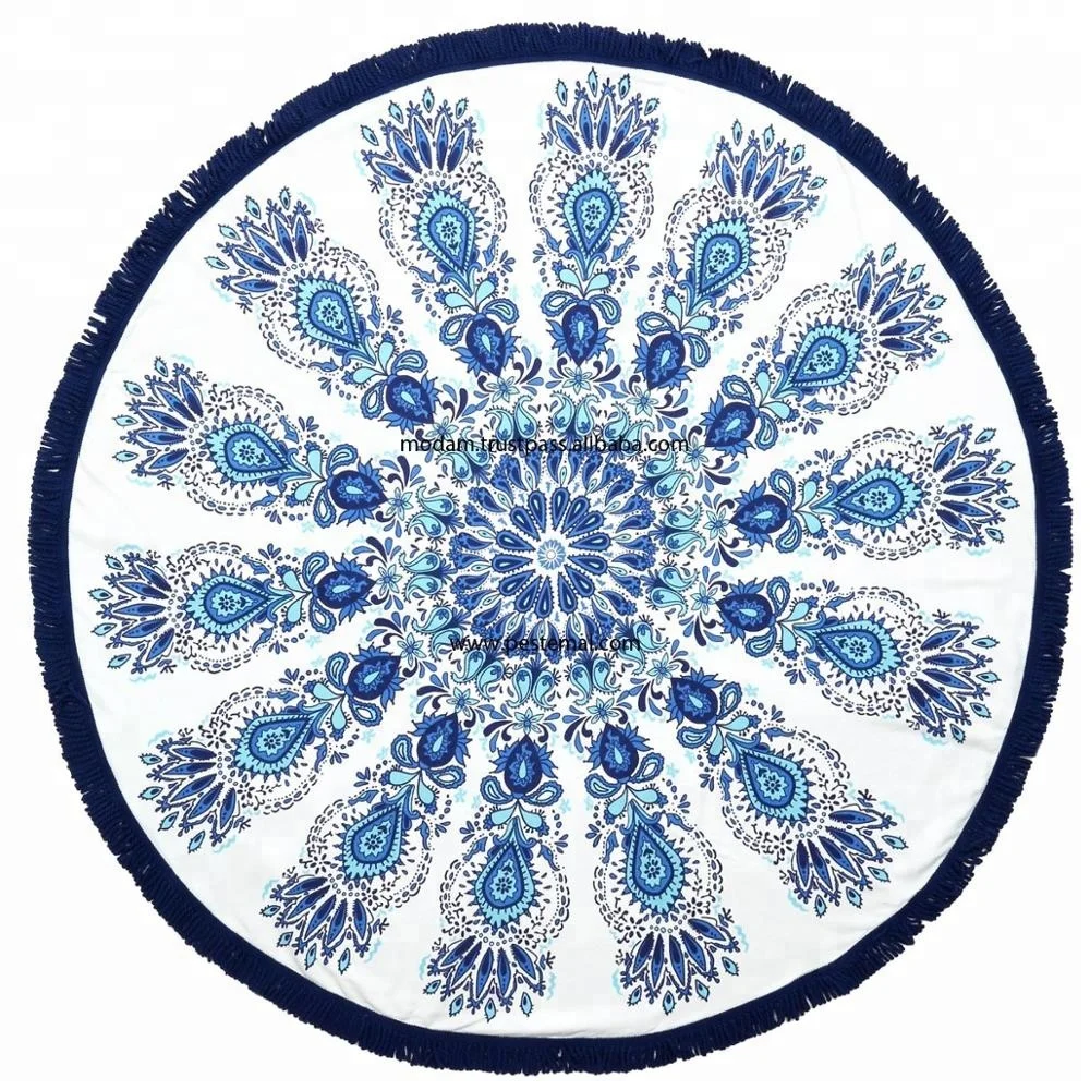 Turkish Blue and White Colored Mandala Pattern Stylish Roundie Beach Towel with Round Shape Tassels Reasonable Price %100 Cotton