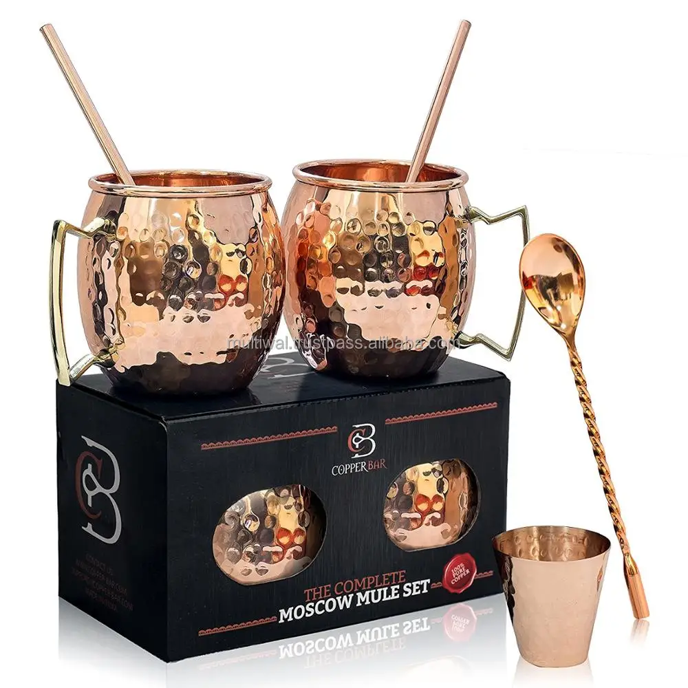 Moscow Mule Mugs Set Of 2 16 oz Pure Solid Genuine , Copper Cups , Straws,Stirring Spoon Shot