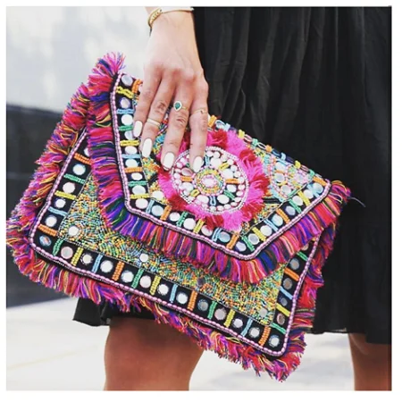 Traditional Banjara Indian Handmade Beaded Lash And Mirror Work Clutch Bag Small Hand Purse for Girls