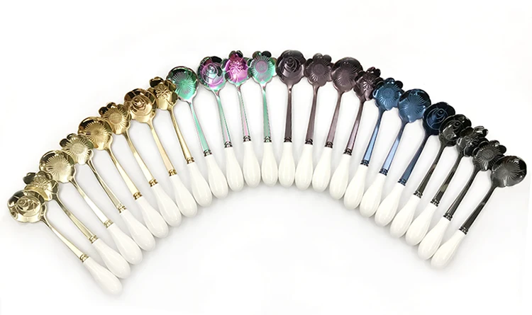 Colorful 4pcs dessert spoon ice cream flower gold spoon with ceramic handle tiny spoon