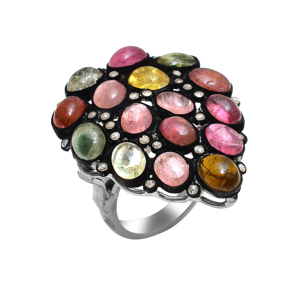 High Quality Natural Multi Gemstone Zircon Diamond Studded Solid 925 Sterling Silver Black Oxidized Fashion Ring Fine Jewelry