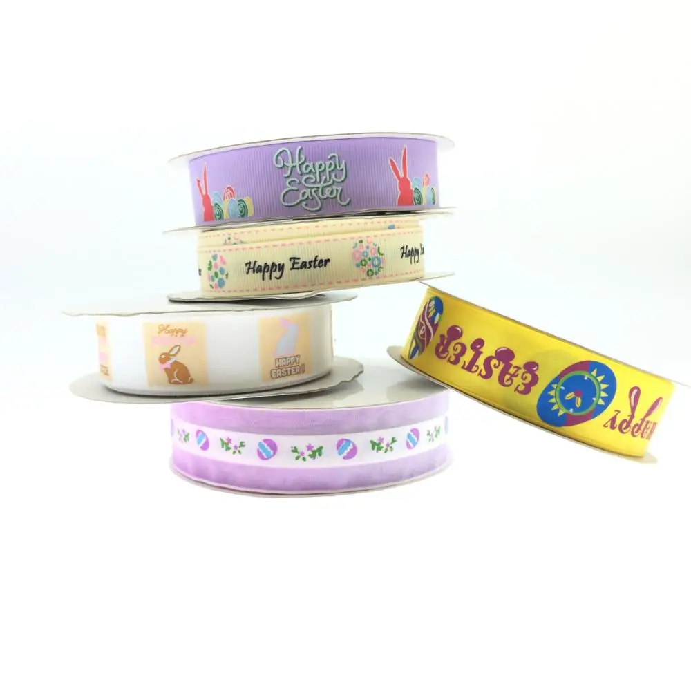 Fancy Easter Ribbon Colorful Printed Woven Edge Solid Bow Made from Polyester Satin Grosgrain Silk Materials