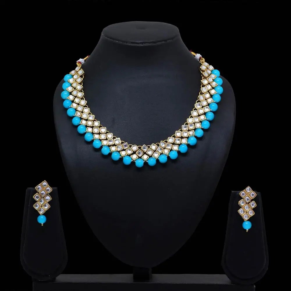 Rama Green Color Kundan Necklace With Earring