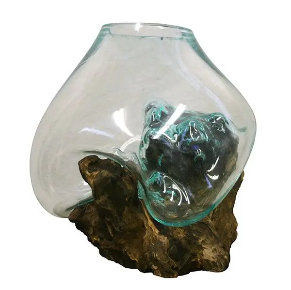 TEAK ROOT STAND WITH GLASS BOWL