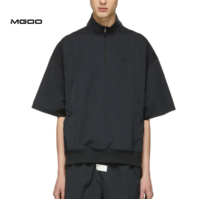 MGOO Half Zip Kangaroo Pocket Plain Oversize Short Sleeve Nylon Jacket