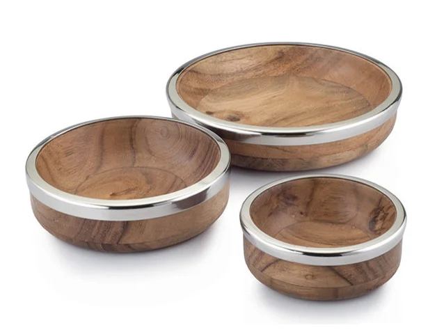 teak wood bowl with metal base and border