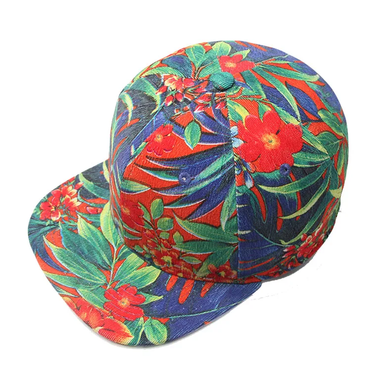 Custom design flat tropical floral snapback hats, hawaiian print snapback caps