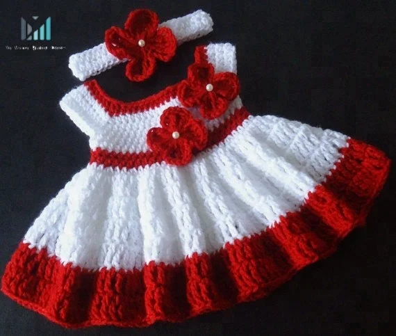 
Red Hand Knitted Crochet Baby Girl Dress For Birthday Occasion Coming Home crochet Outfit with Headband 