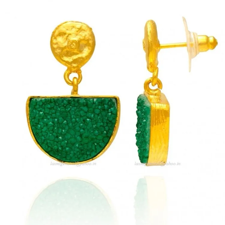 Three color Green White and Orange Wholesale Druzy Handmade 925 Silver Gold Plated Earrings Jewelry