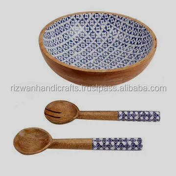Wooden material Salad Bowl Enamel Coated with Wooden Salad serving Spoon