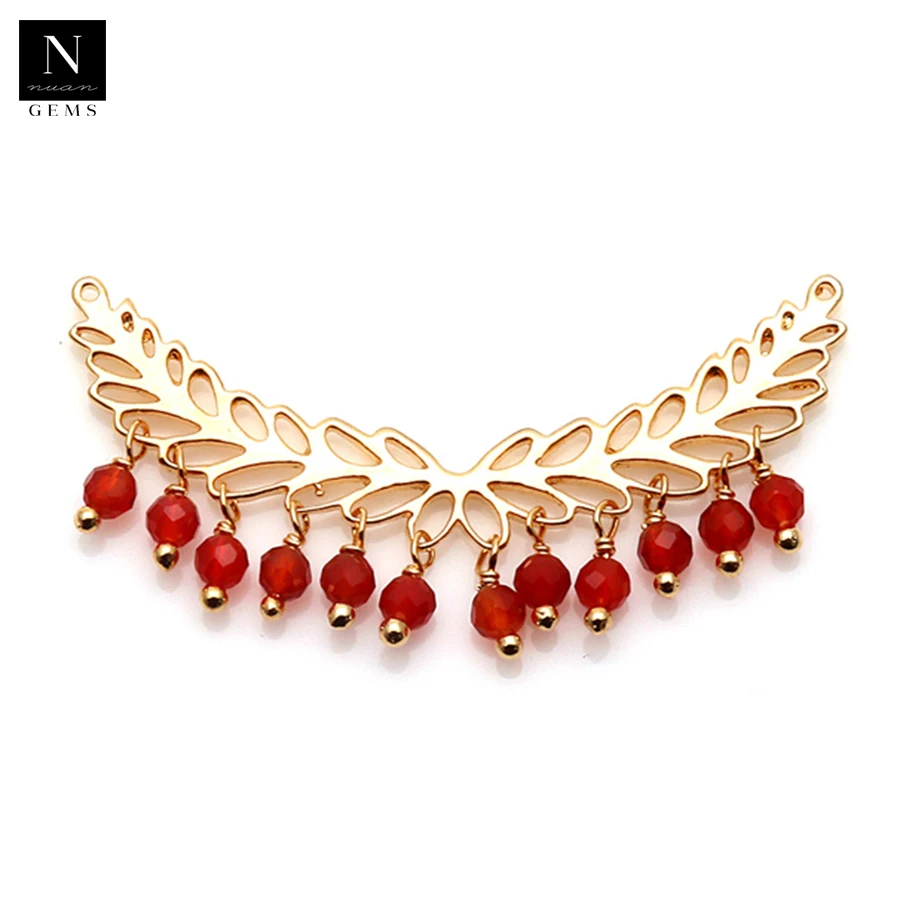 Gold Plated Carnelian Beads Leaf Charm Connector Necklace Pendants Jewelry