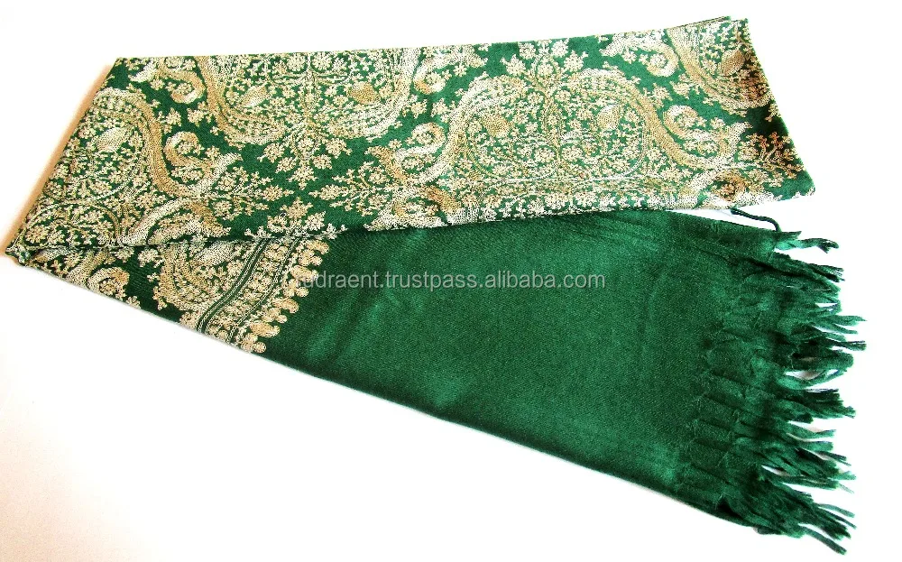 Kashmir Soft Lambswool Shawl Stole Scarf Indian Beautiful Handwoven Hand Embroidered Outdoor, Party 28'X 82' IN;15393 Green