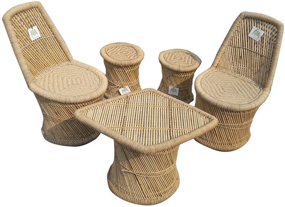 Solid Wood Modern Outdoor Garden Patio Balcony Lawn Bar Pub Restaurant Cane/Bamboo/Wooden Sitting Chairs Ottoman Furniture Set
