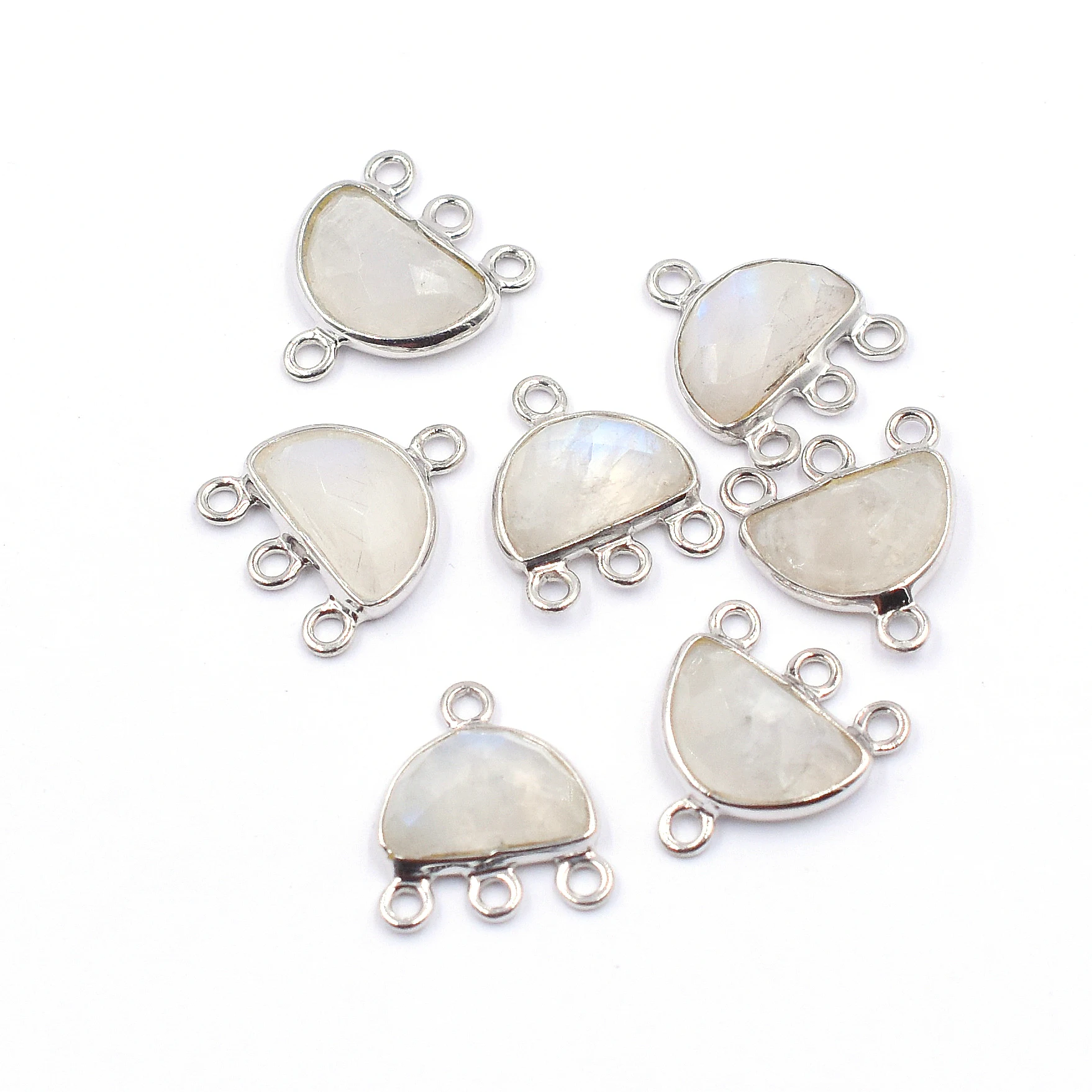 Rainbow Moonstone Half Round Shape Silver Bezel Silver Plated Connector Handmade Jewelry Making