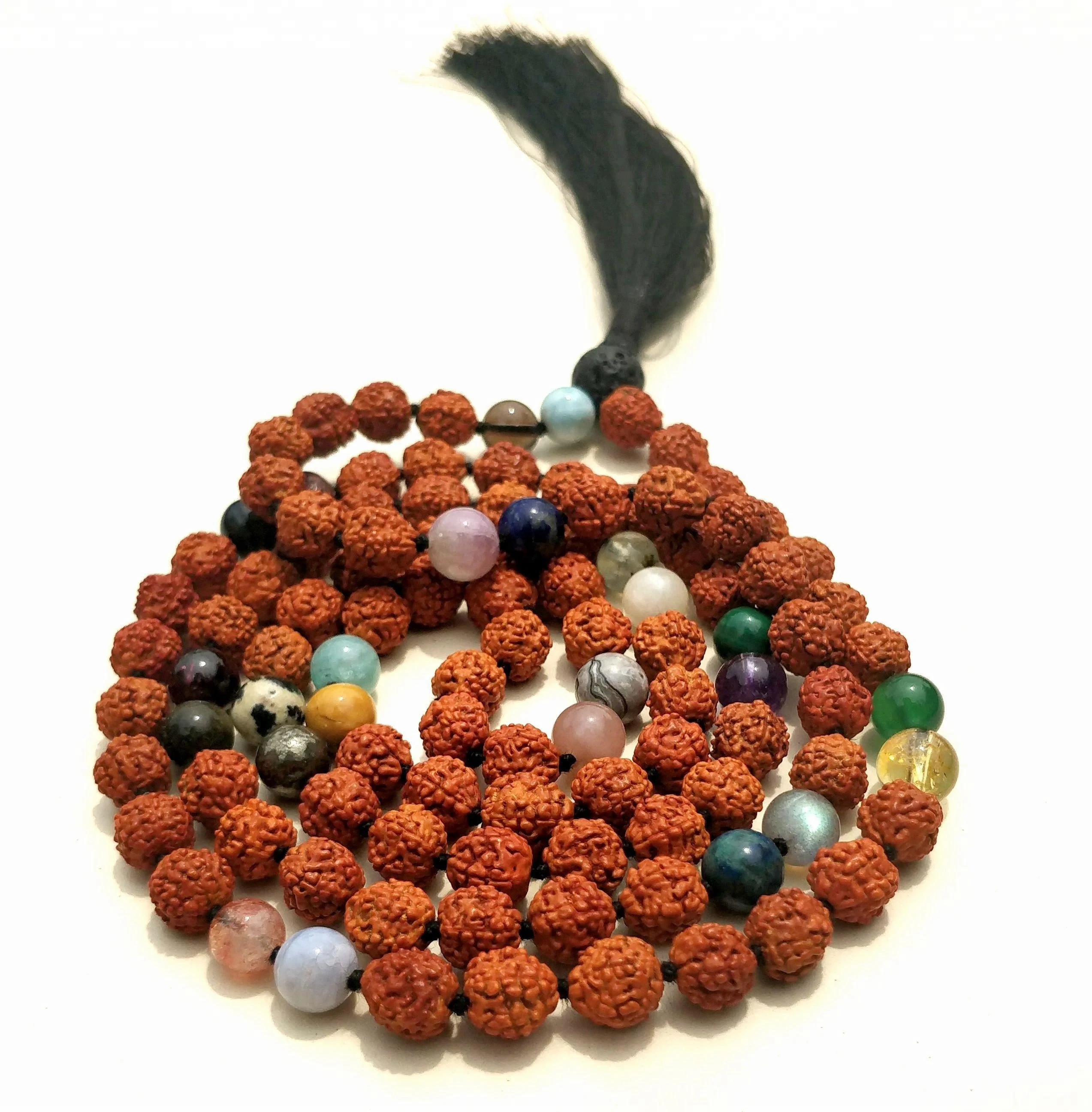Hot Selling 108 Rudraksha Buddhist Prayer Beads Mala Necklace, Piedras Naturales, Healing Crystal Stones