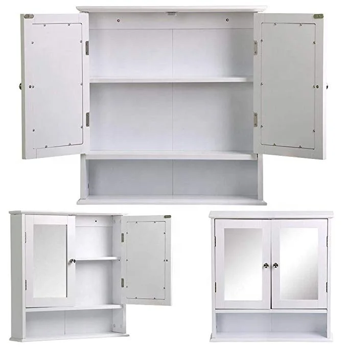 Cabinets Wooden Bathroom Wall Cabinet with Double Mirror Doors Adjustable Shelf White