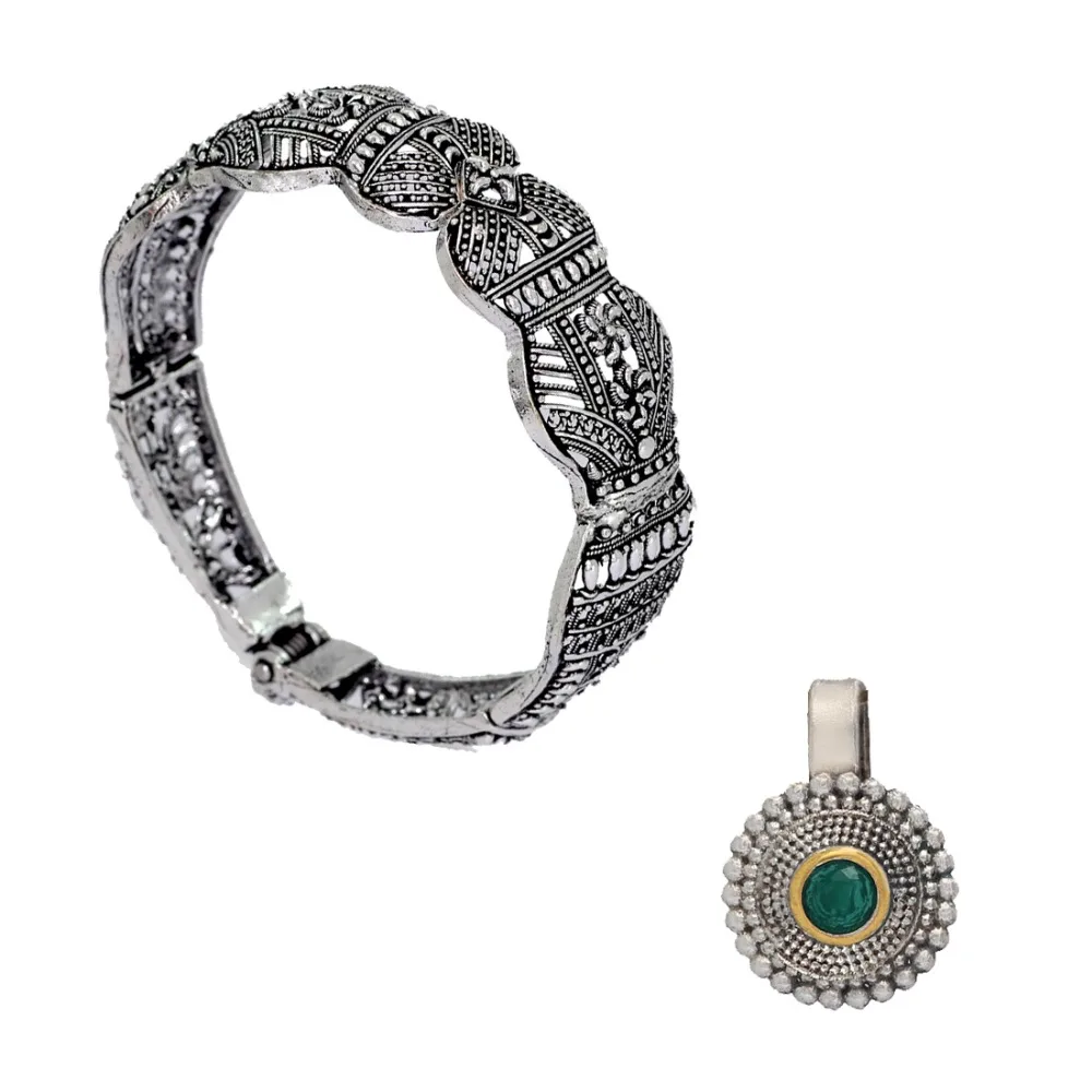 Oxidised Silver Kadaa bracelet And Oxidized Nose Pin Combo | Brass Gift For Girls, Ladies, Women