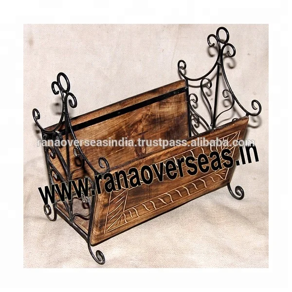 Iron And Wood Material Combination Magazine Newspaper Organizer For Home And Office Table Top