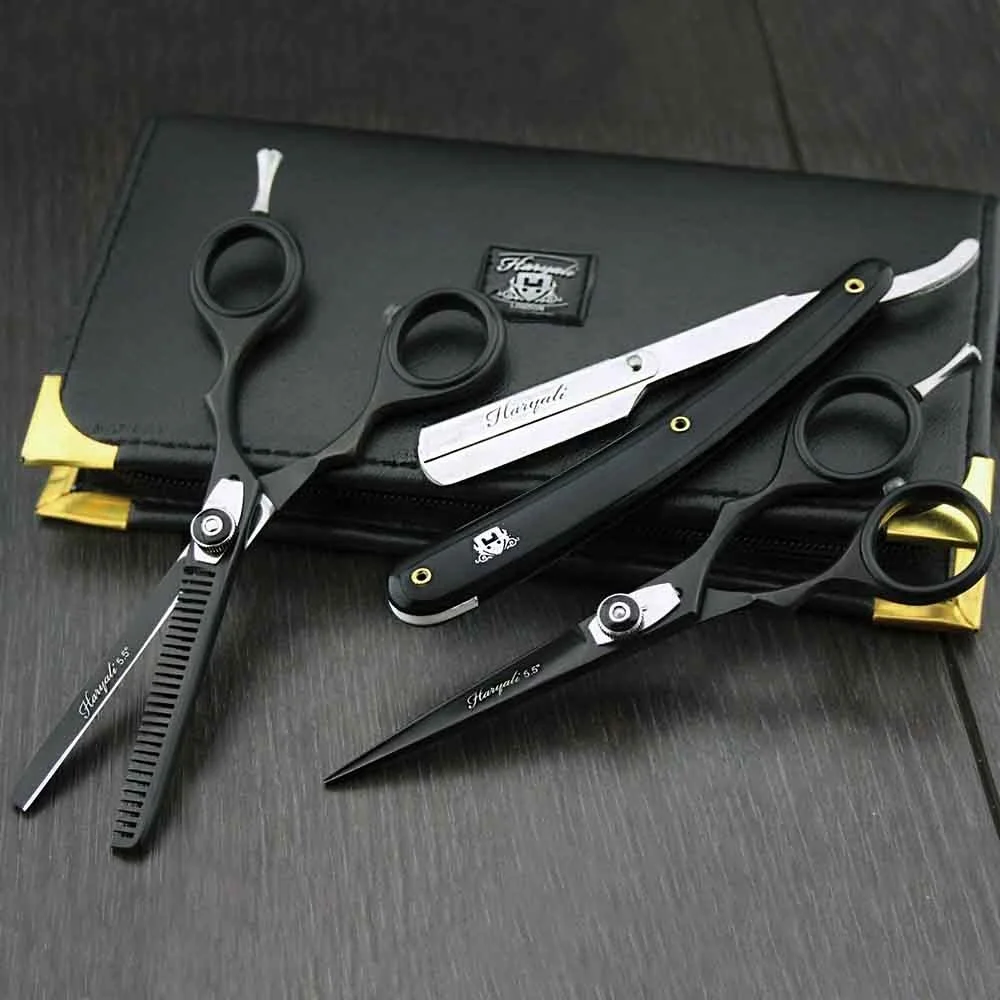 Парикмахерский набор ножниц для стрижки и филировки волос с черной бритвой