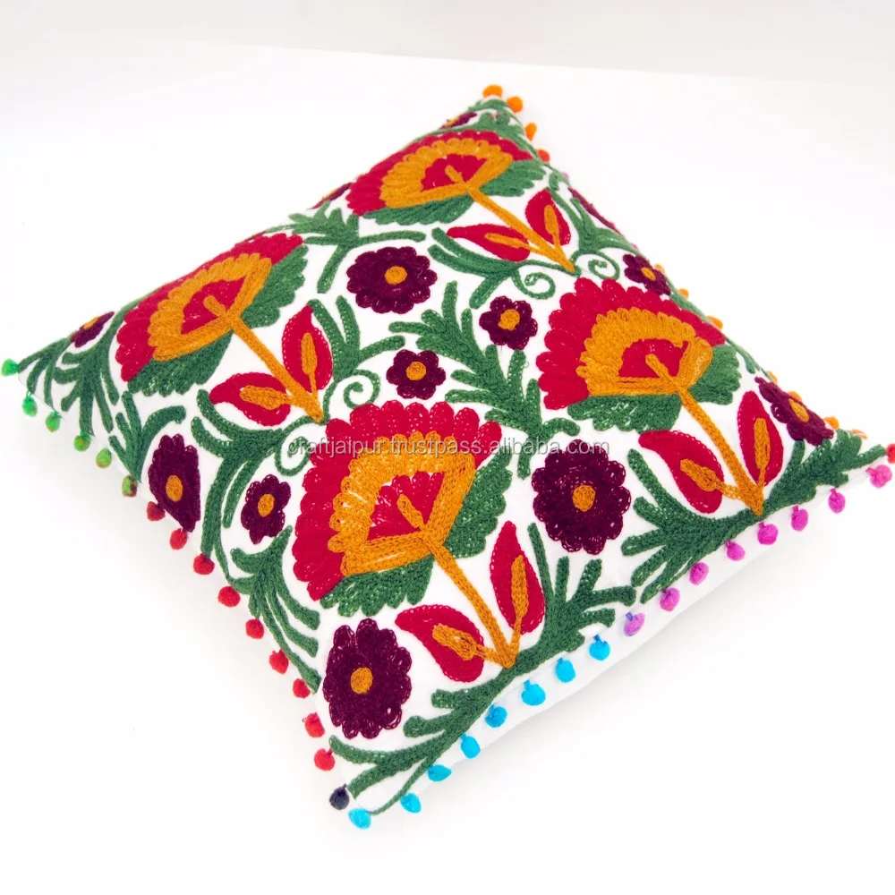 Tropical Suzani Woolen Embroidery Handmade Bedding Square Pillow Cases White Cotton Sofa Decorative Cushion Cover Wholesale