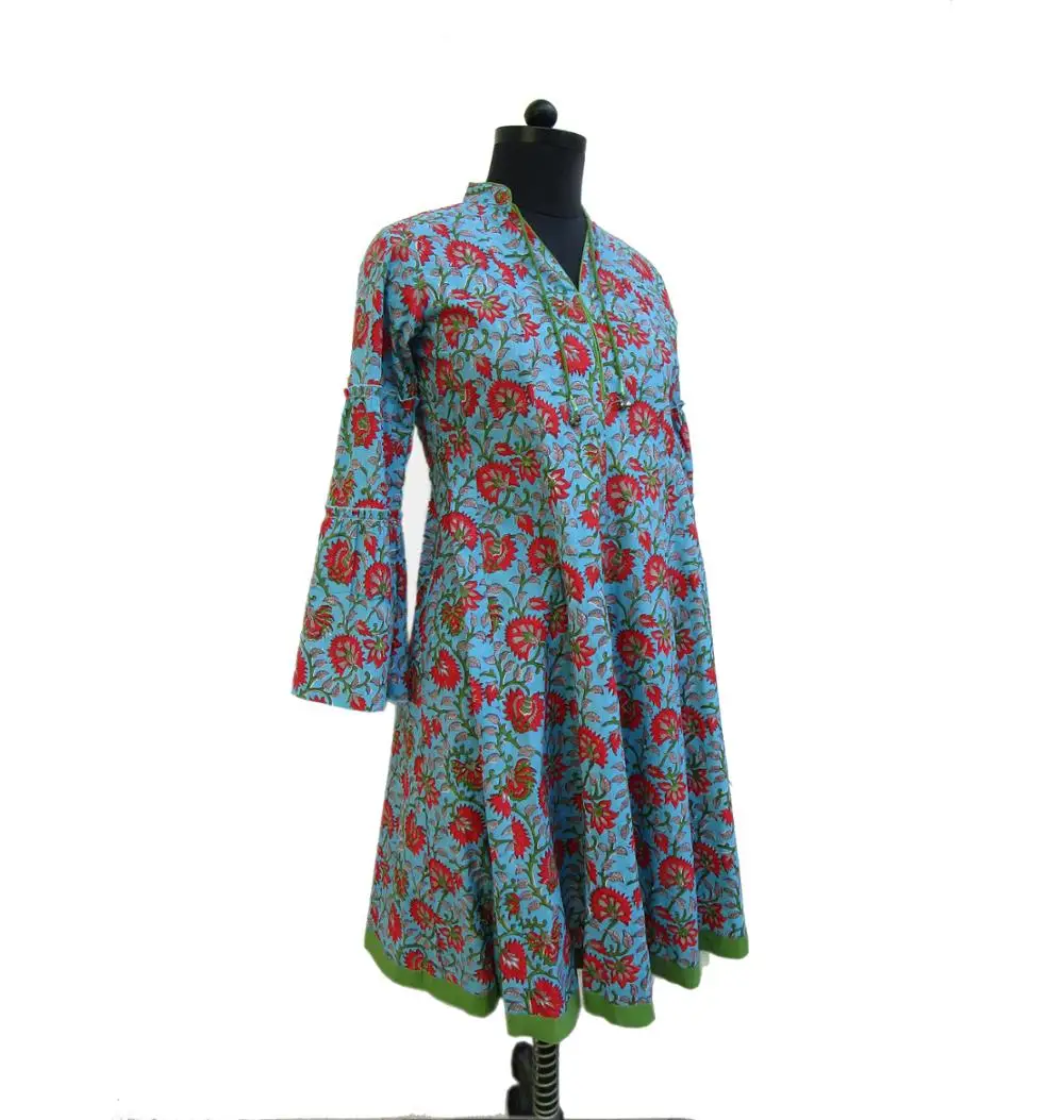 karni made cotton red flower blue fabric screen printed maxi dress