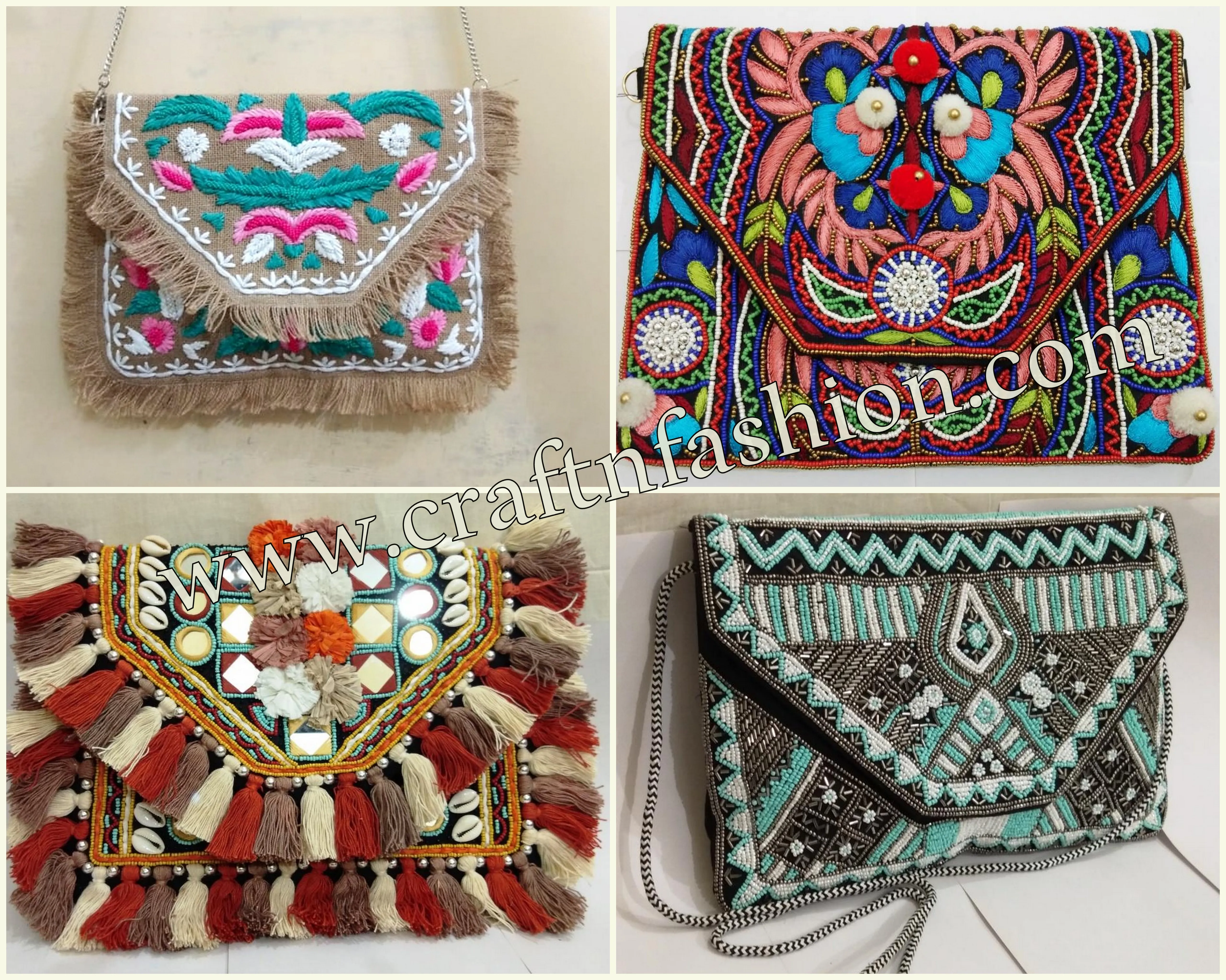 Bohemian Banjara Beaded Clutch Purses - Women Fashion Pom Pom Shells Beaded Bag - Fringe Clutches - Colorful Coins Beaded  Purse