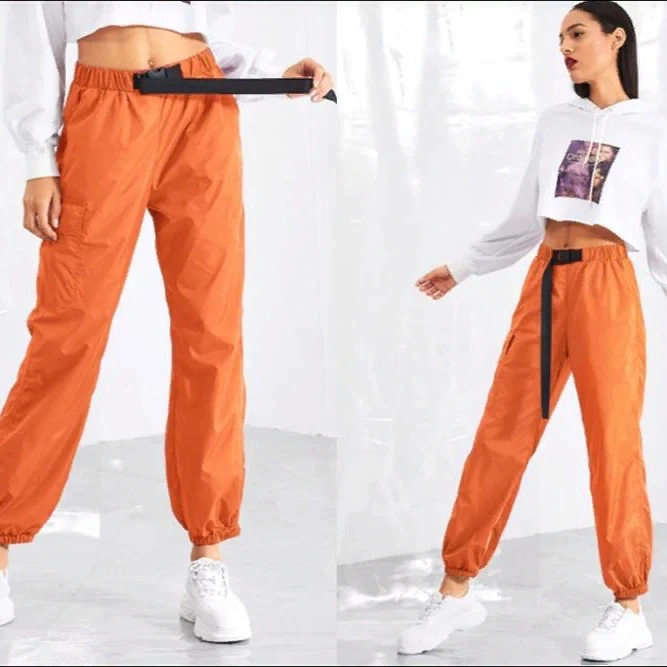 Biker Jogger Pants Streetwear Multi-Pockets Mens Tactical Black Cargo Pants Front Ruched Buckle Strap Pockets Punk Pants