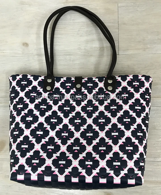 
Vietnam pp straw woven bags, plastic straw beach tote bag with PU handles, Handmade pp plastic shopping handbag 