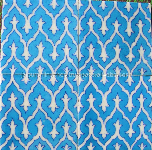 Indian Lovely Designer Handmade Floral Blue Pottery Glazed Tiles