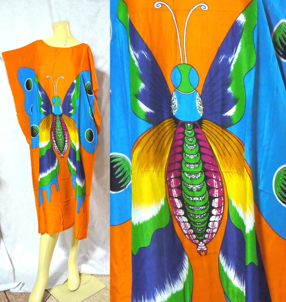 
vintage retro thai style HIPPIE BOHO HAWAII BLOCK TIE DYE caftan butterfly dress PLUS 
