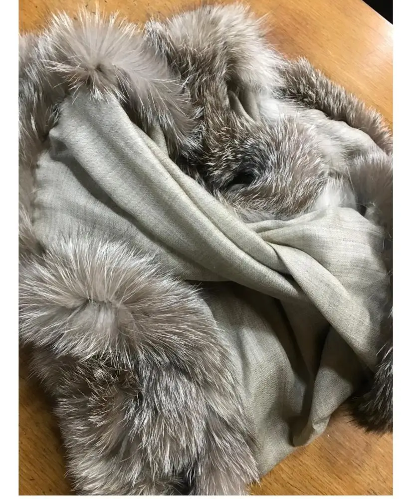 Cashmere Scarf with Fox Fur shawl ladies fur scarf winter shawl with fox fur high fashion  women scarf ladies shawl