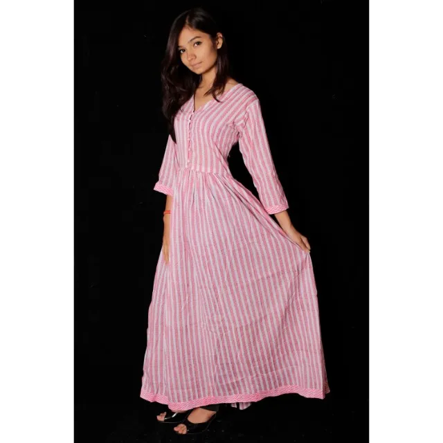 Very Fine Stripe Hand Block Cotton Ethnic Dress Summer Women Clothing Wholesale