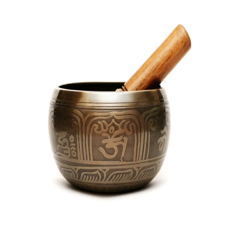 Buddhist Yoga Meditation Bowl - Tibetan Singing Bowl With Suede Striker - Mantra Om Mani Tibetan Singing Bowl