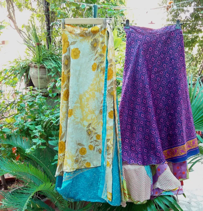 Indian Vintage Silk Double Layer Reversible Sarong Sari Magic Wrap Skirt