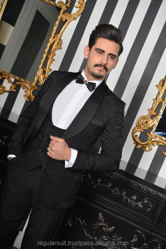 
2018 3 Pieces Patterned Navy Men Black Wedding Suit 