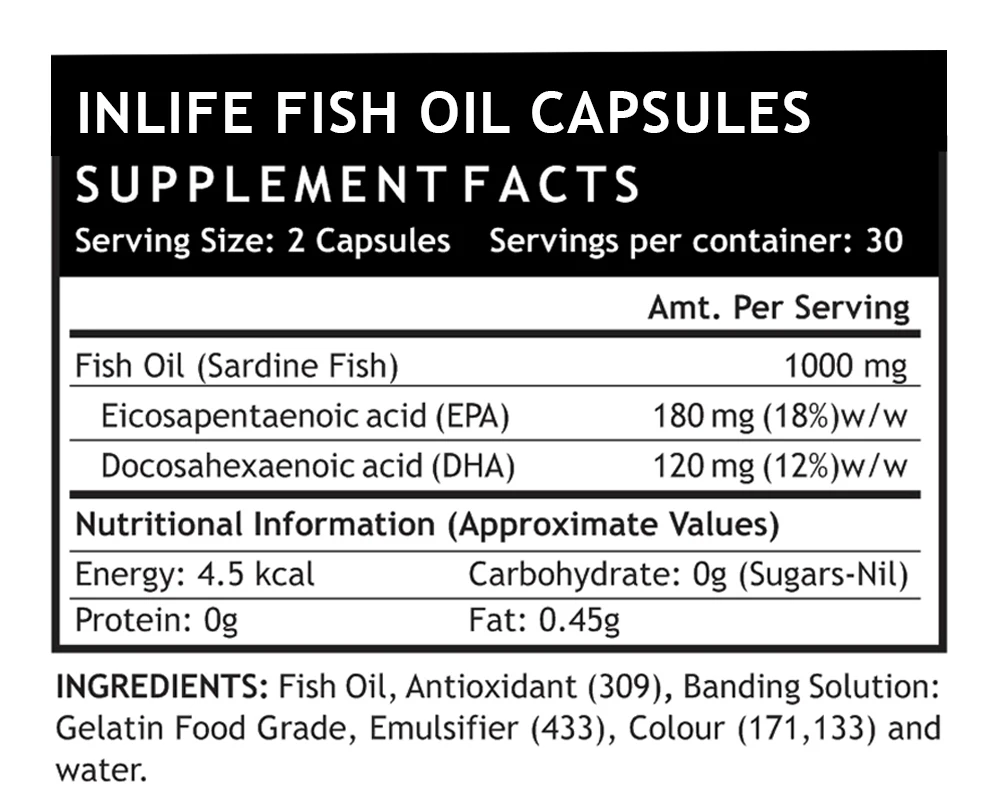 INLIFE Omega 3 (EPA/DHA 18/12) Fish Oil Capsules 500 mg - Liquid Filled Hard Gelatine Capsules GMP Certified Manufacturing Unit