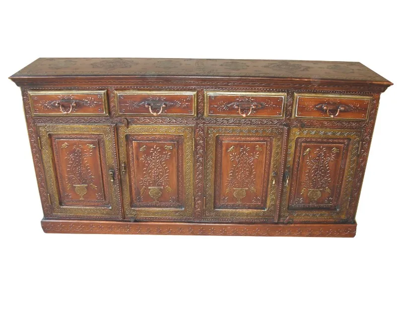 UNIQUE INDIAN STYLE 4 DRAWER WITH 4 DOOR SIDEBOARD EMBOSSED ANTIQUE FINISH