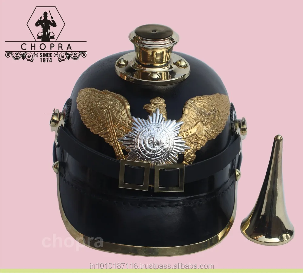 Matel Craft  German Leather Prussian pickelhaube Helmet long Spike WWI-Kaiser