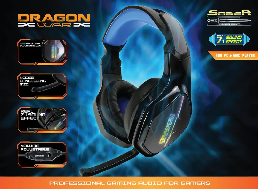 Brand logo 7.1 sound breathing RGB light cushion headband professional PC wired gaming headphone