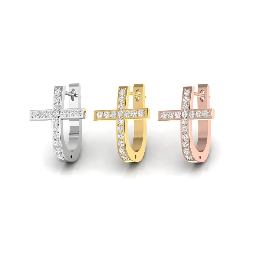 Real Natural Diamond Huggie Religious Cross Earrings For Women Solid in 18kt Yellow White Rose Gold 4.92 grams Jewelry